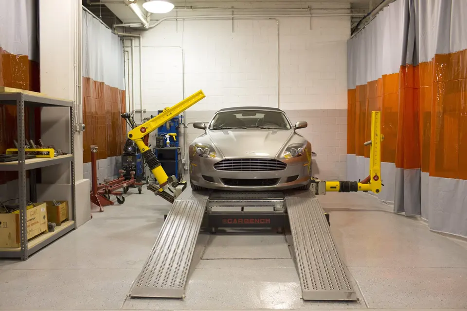 Frame bench and measuring system in a repair bay at AGC Collision Center