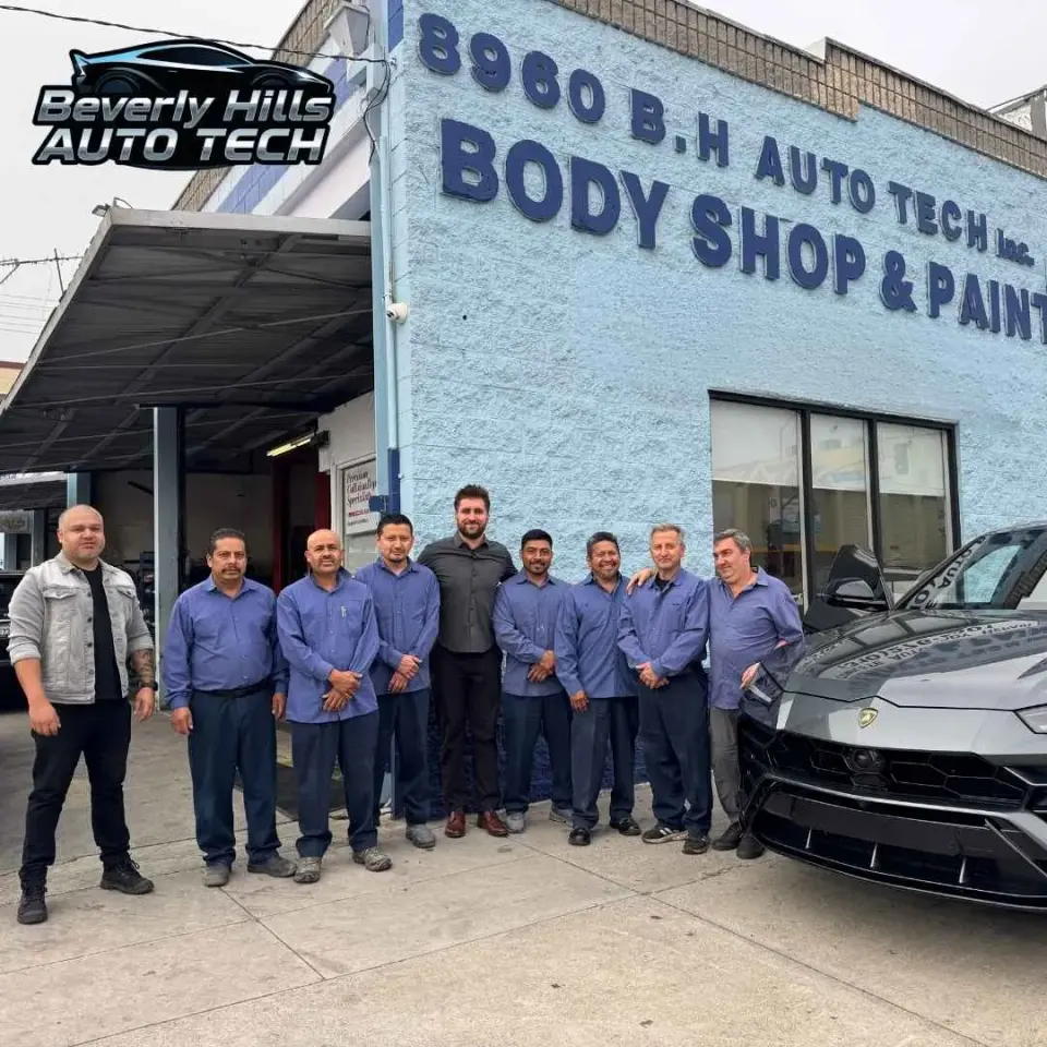 Beverly Hills Auto Tech team in front of the 8960 W Pico Blvd body shop