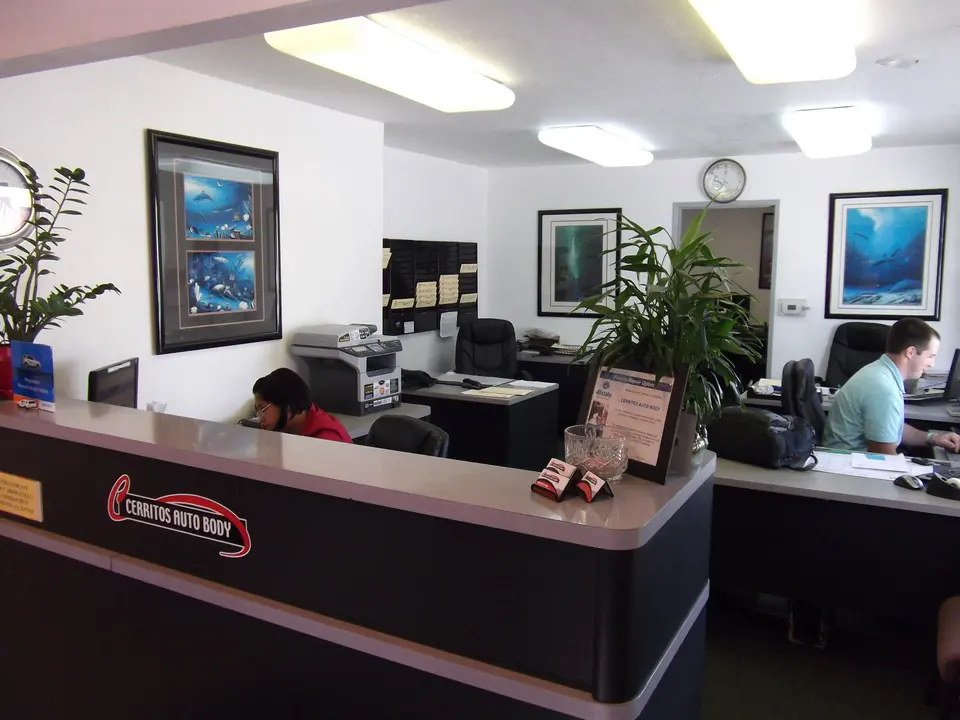 Front office and reception desk at Cerritos Auto Body