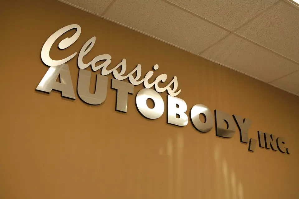 Classics Autobody, Inc. sign in the shop office