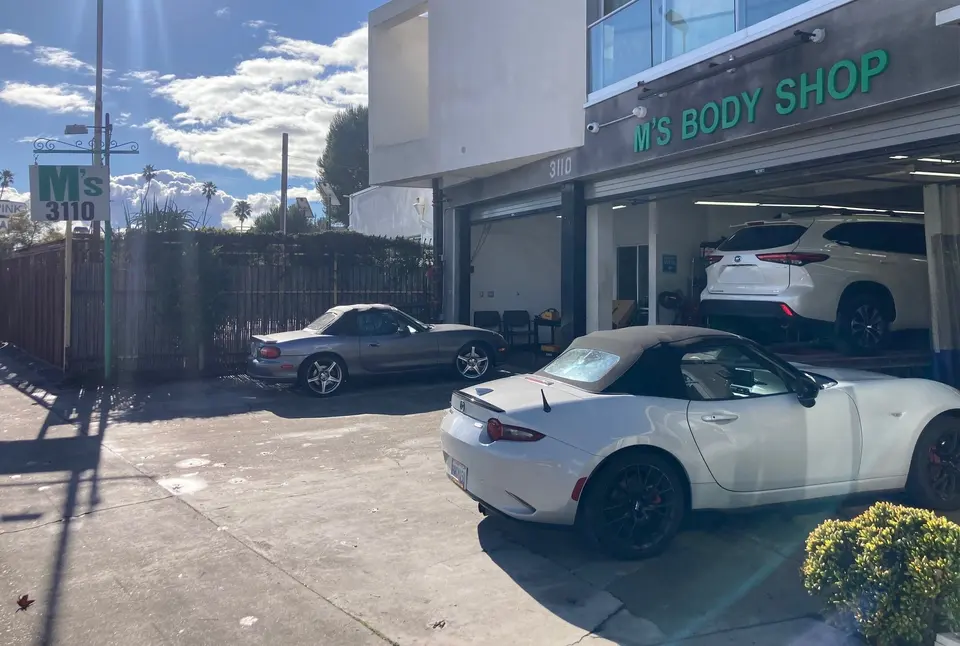 Open bays of M's Body Shop on Lincoln Blvd, Santa Monica