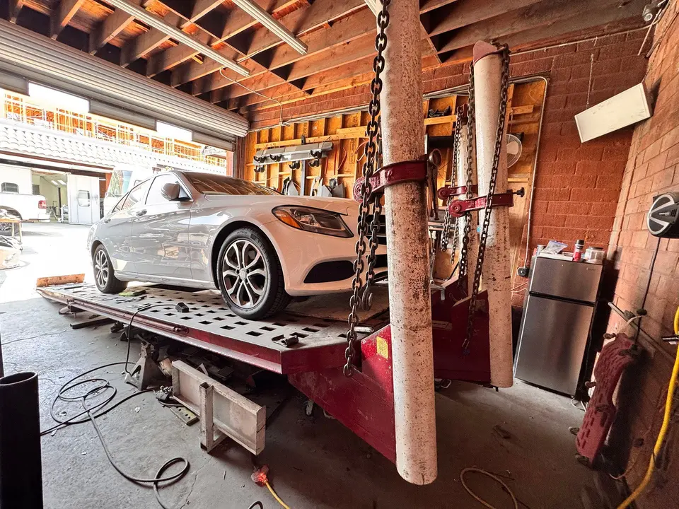 Frame bench in the New International Auto Body Shop bay