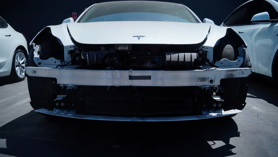 A Tesla Model 3 before repair, with the front bumper and headlights removed